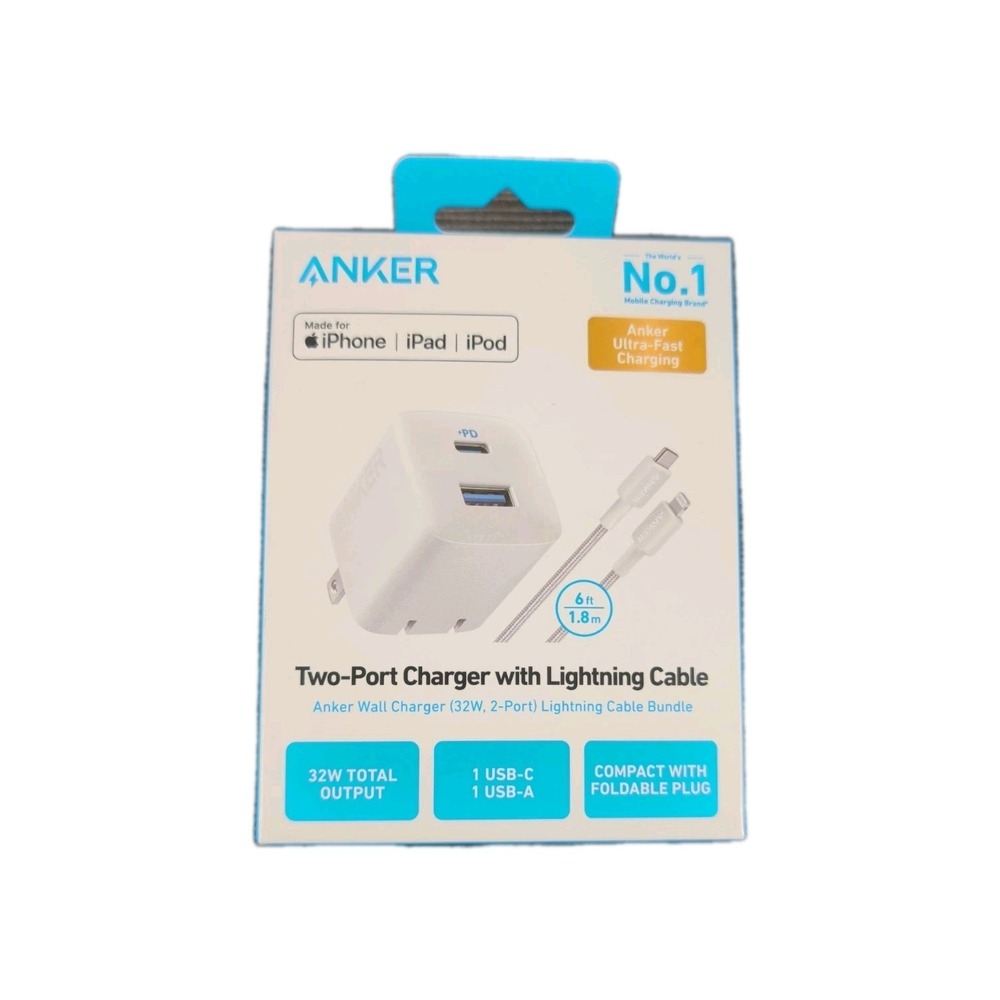 Pp6O Anker 2-Port (1-C, 1-A) 32W Wall Charger w/ Cable‎ for Apple White OPEN BOX